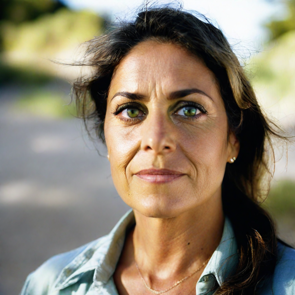 front shot, photo of a hispanic woman with green eyes, age 50, blonde  looks at viewer, cinematic shot