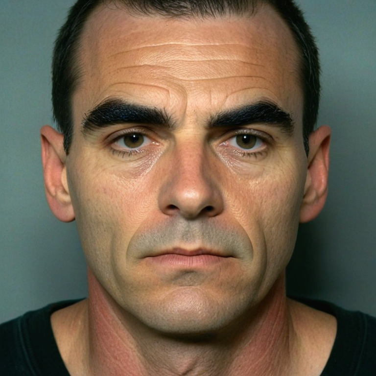 front shot, mugshot photo of a Caucasian man 50s cleanshaven thick eyebrows  looks at viewer, cinematic shot