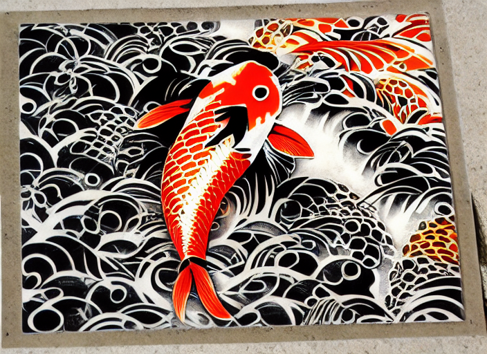 Koi fish stenciled Art in the style of Novy