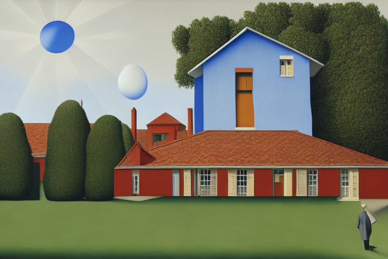 A person standing in front of a house on a sunny day by Rene Magritte surrealist