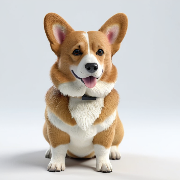 white background, front shot studio 3D render of corgi, cinematic shot