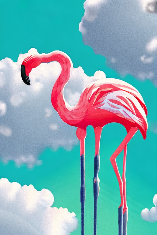 AI generated art representing "pink flamingo, surrounded by fluffy clouds, summer sun shining, green grass, sand."