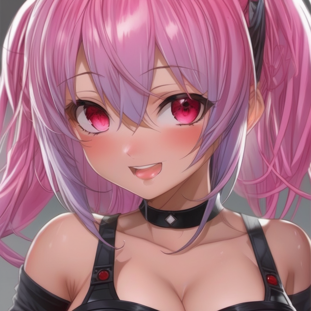 Has Big Boobs and A big booty Has Pink hair and red eyes is blushing and has a black outfit with a lot of skin showing a
