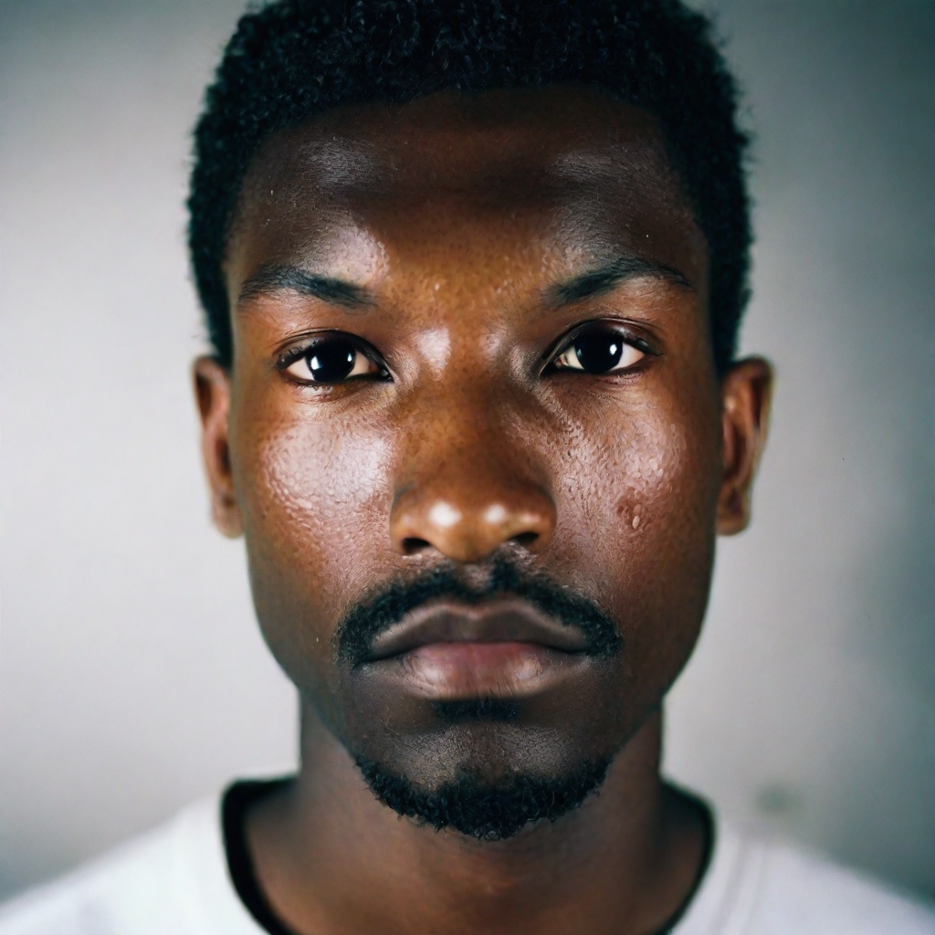 front shot, photo of face with no eyebrows young  looks at viewer, cinematic shot