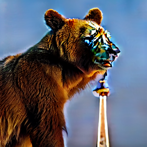 Long bearded Canadian is hunting a radioactive bear, top of a skyscraper
