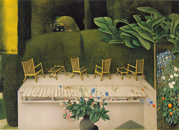 Patio chairs and tables by a manicured garden path  by da Vinci by Salvador Dali by Frida Kahlo by Picasso by Rembrandt 