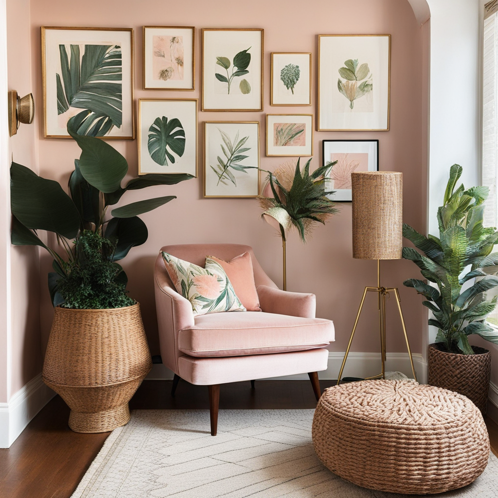 Pink Velvet Armchair and Botanical Artwork Corner