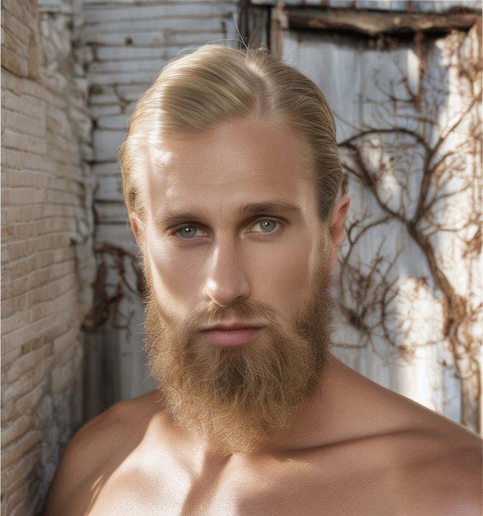 caucasian male slicked, back blonde hair, well, trimmed beard, thick straight hair with a hint of white and grays. Stand