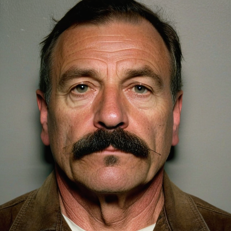 front shot, mugshot photo of a Caucasian 55 yo moustache  looks at viewer, cinematic shot