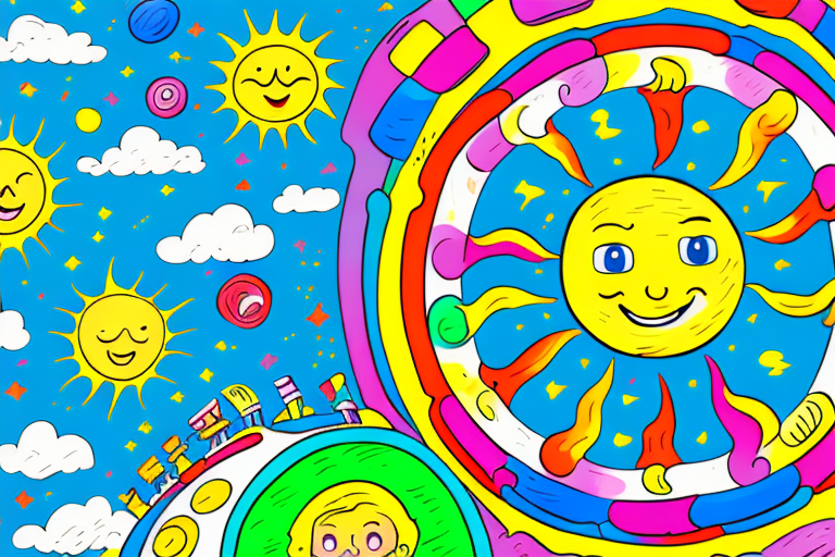 a colorful children's bouncy castle with a smiling sun in the background, hand-drawn abstract illustration for a company blog, in style of corporate memphis, faded colors, white background, professional, minimalist, clean lines