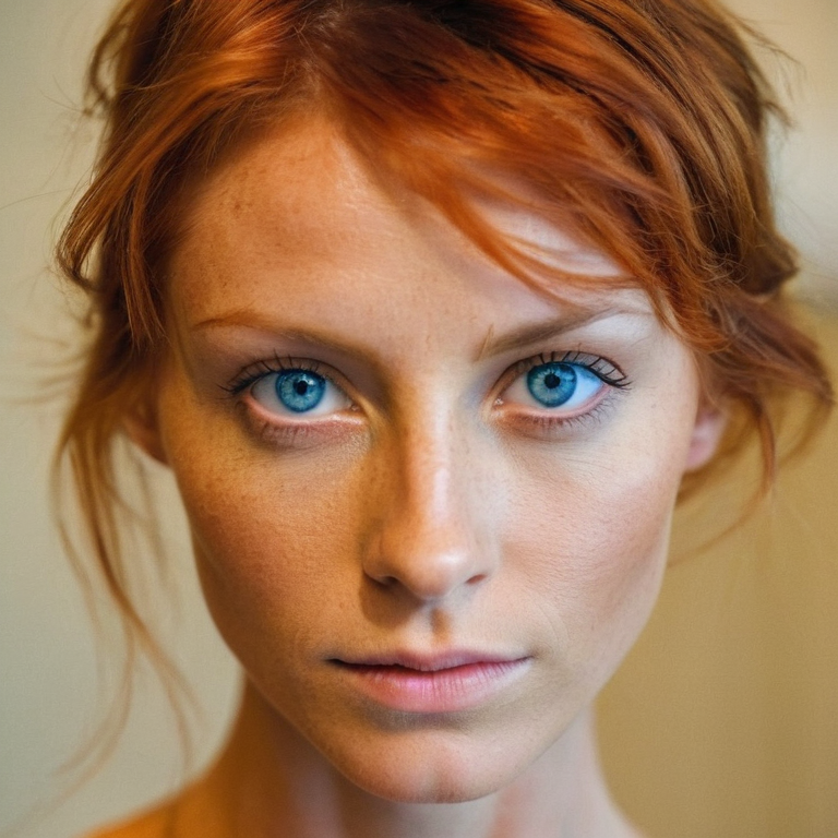front shot, actor photo of a Red hair skinny Beautiful tan tan woman big blue eyes  looks at viewer, cinematic shot