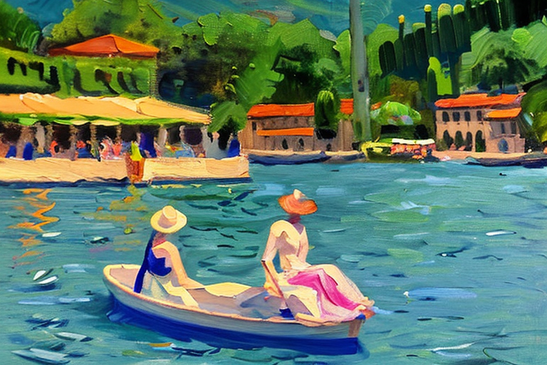 AI generated art representing "lake como, on a hot summers day, beautifully lit, boats on the water, people having drinks at a garden party."