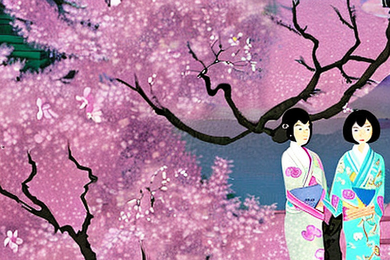 AI generated art representing "cherry blossom in Japan, spring, mount fuji, 2 women wearing kimonos"