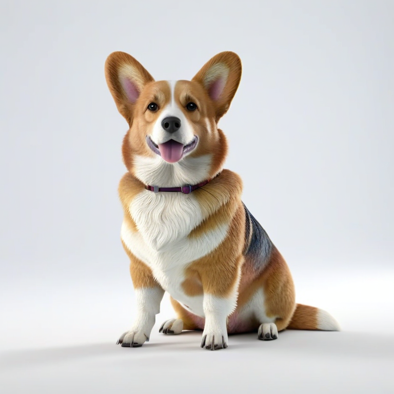 white background, front shot studio 3D render of corgi, cinematic shot