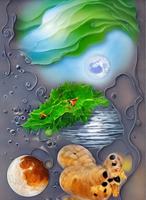 Wassertropfen, Mond, Plattenspieler, Schnecken, Huhn