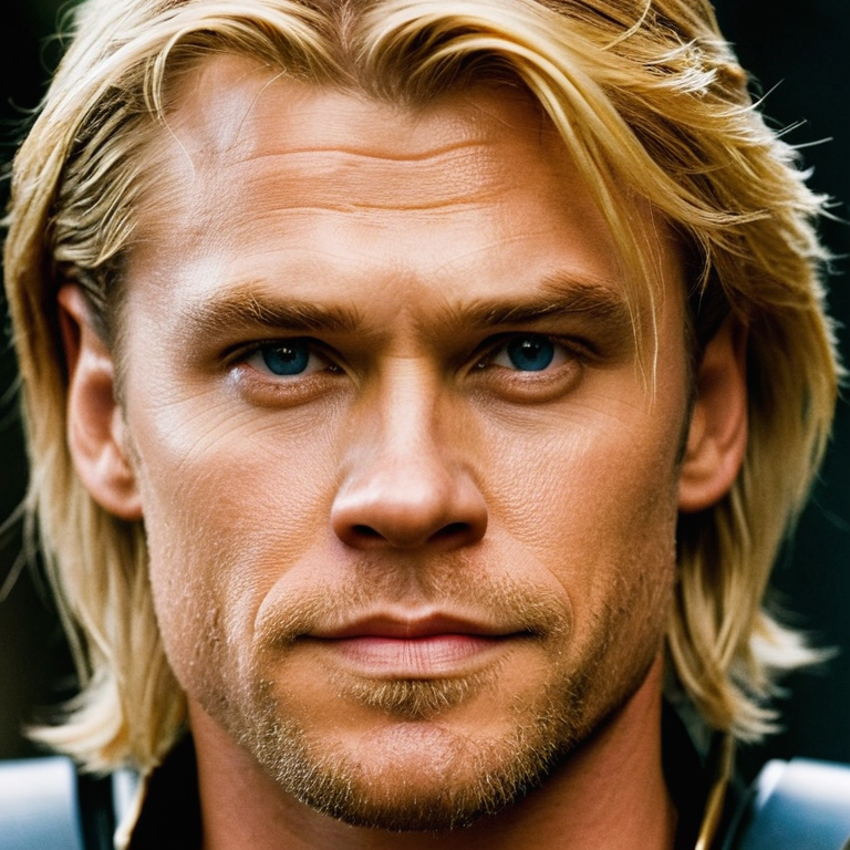 front shot, actor photo of a Thor blonde chiseled face  looks at viewer, cinematic shot