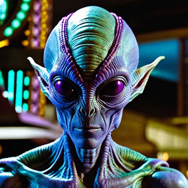 front shot, actor photo of a Purple alien  looks at viewer, cinematic shot