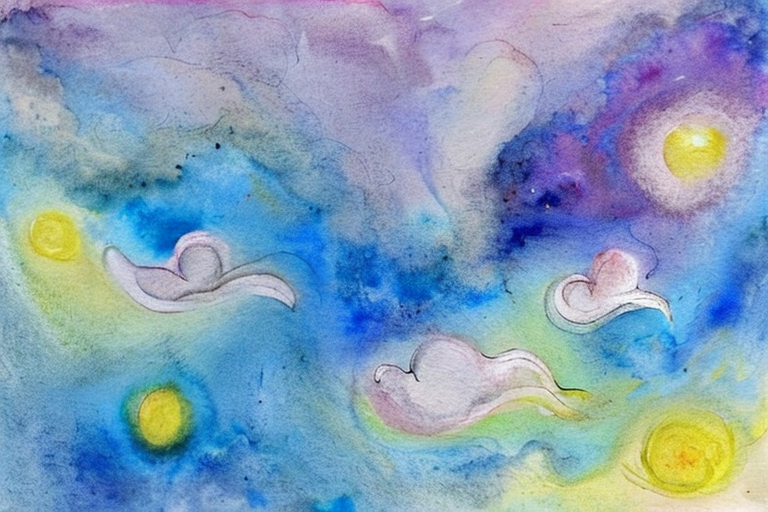 AI generated art representing "Create an abstract watercolor painting inspired by the dreamy style of Marc Chagall, featuring whimsical, floating cloud formations. Use a color palette of soft pastel blues, purples, pinks, and yellows to convey the ethereal quality of a sky filled with billowy clouds. Employ gentle, flowing brushstrokes and organic shapes to create a sense of weightlessness and serenity."
