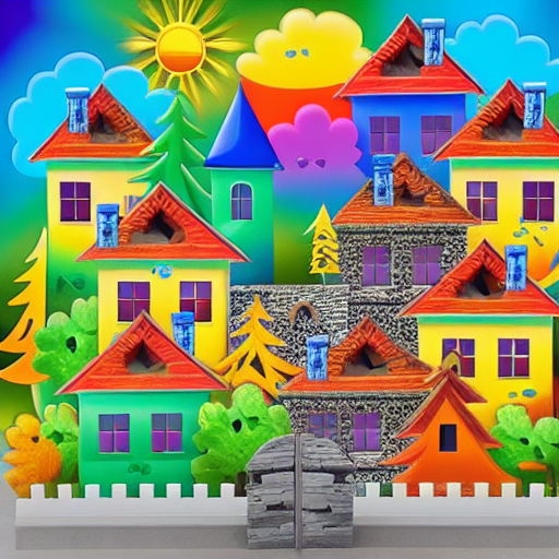 Decorate houses with rainbow colors , cool stone wall, bright sun 