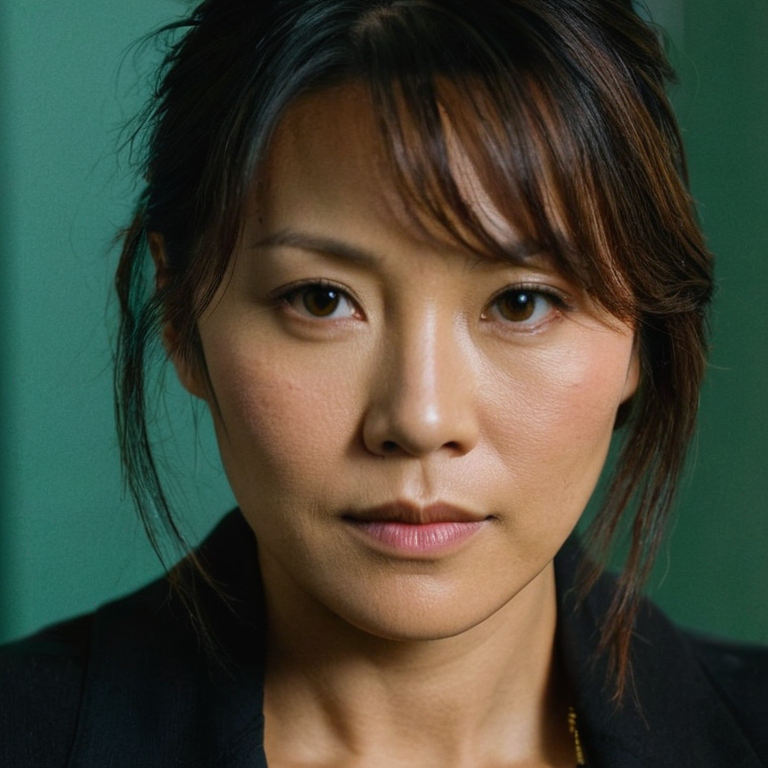 front shot, actor photo of a Asian Lora Croft  looks at viewer, cinematic shot