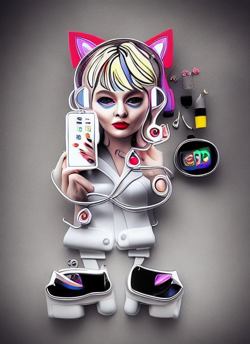 woman with car ears holding latest iPhone fashionable quirky