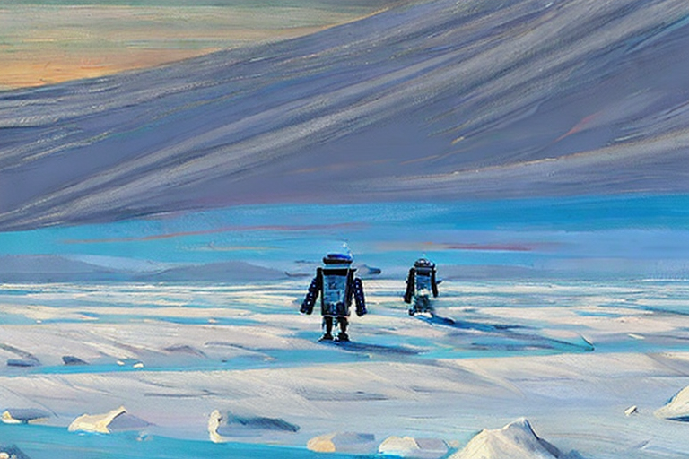 AI generated art representing "robots travel to Antarctica, at dawn, to investigate melting ice caps and flooding, doomsday, the year is 2084, deserted land, futuristic."
