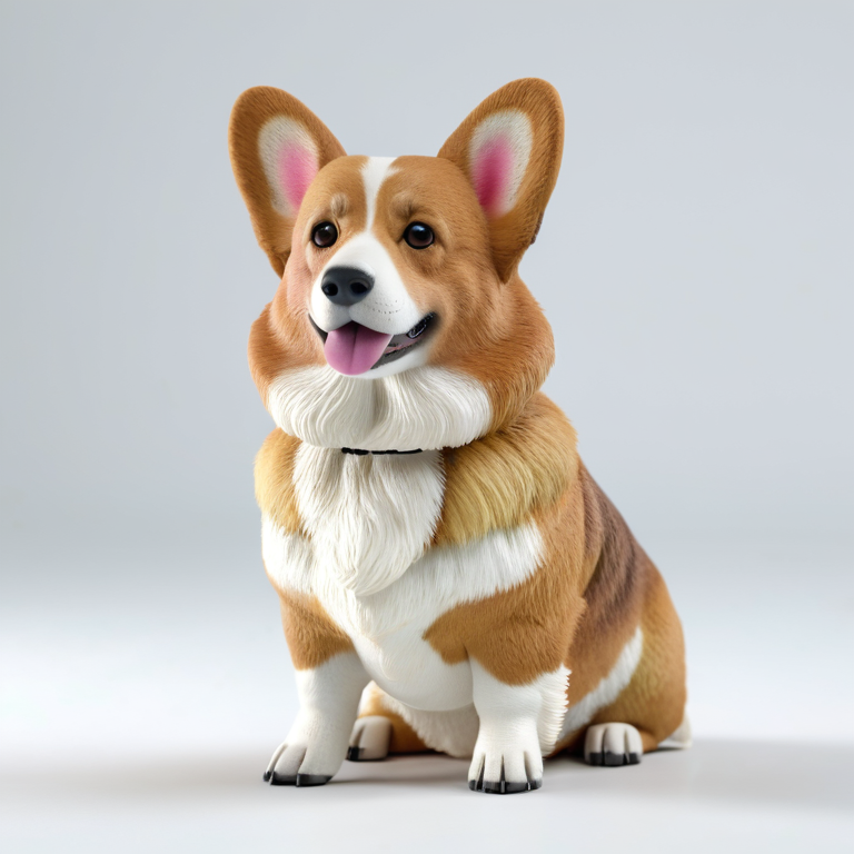 white background, front shot studio 3D render of corgi, cinematic shot