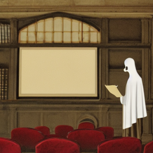 a ghost teaching literature in an old stone university lecture hall