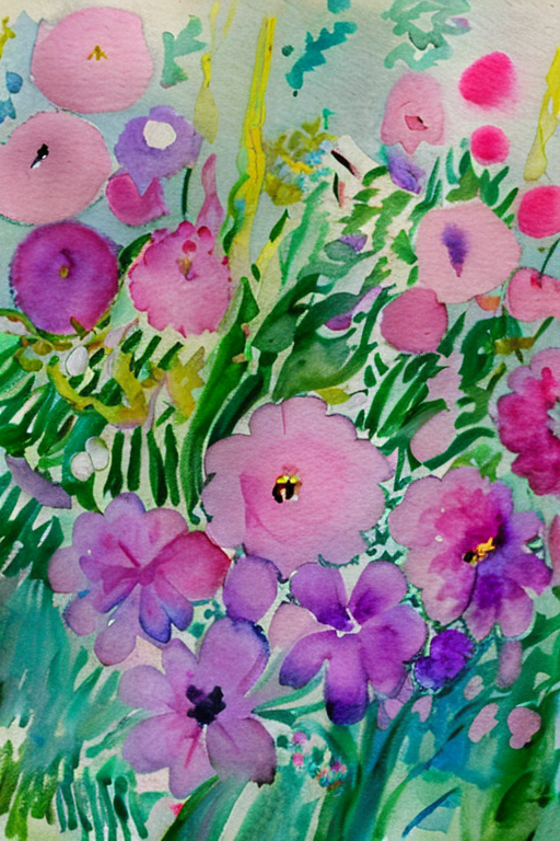 AI generated art representing "Design a watercolor painting inspired by the impressionist style of Claude Monet, featuring abstract representations of a blossoming spring garden. Use a palette of light greens, pinks, yellows, and purples to depict the vibrant colors of blooming flowers and fresh foliage. Employ loose, expressive brushstrokes to create a sense of movement and vitality."