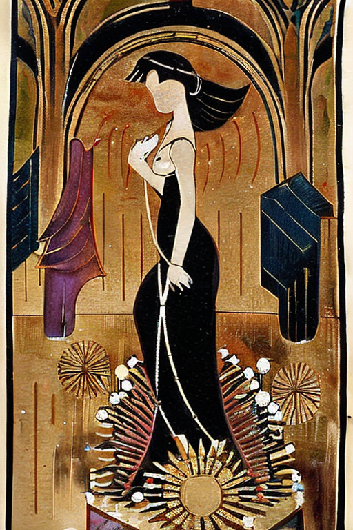 AI generated art representing "A dynamic woman surrounded by a flurry of activity, in the style of L’Entracte, Georges Lepape. Ornate detailing, lavish fabrics, ethereal lighting, and strong shapes combine to create an atmosphere of sophistication."