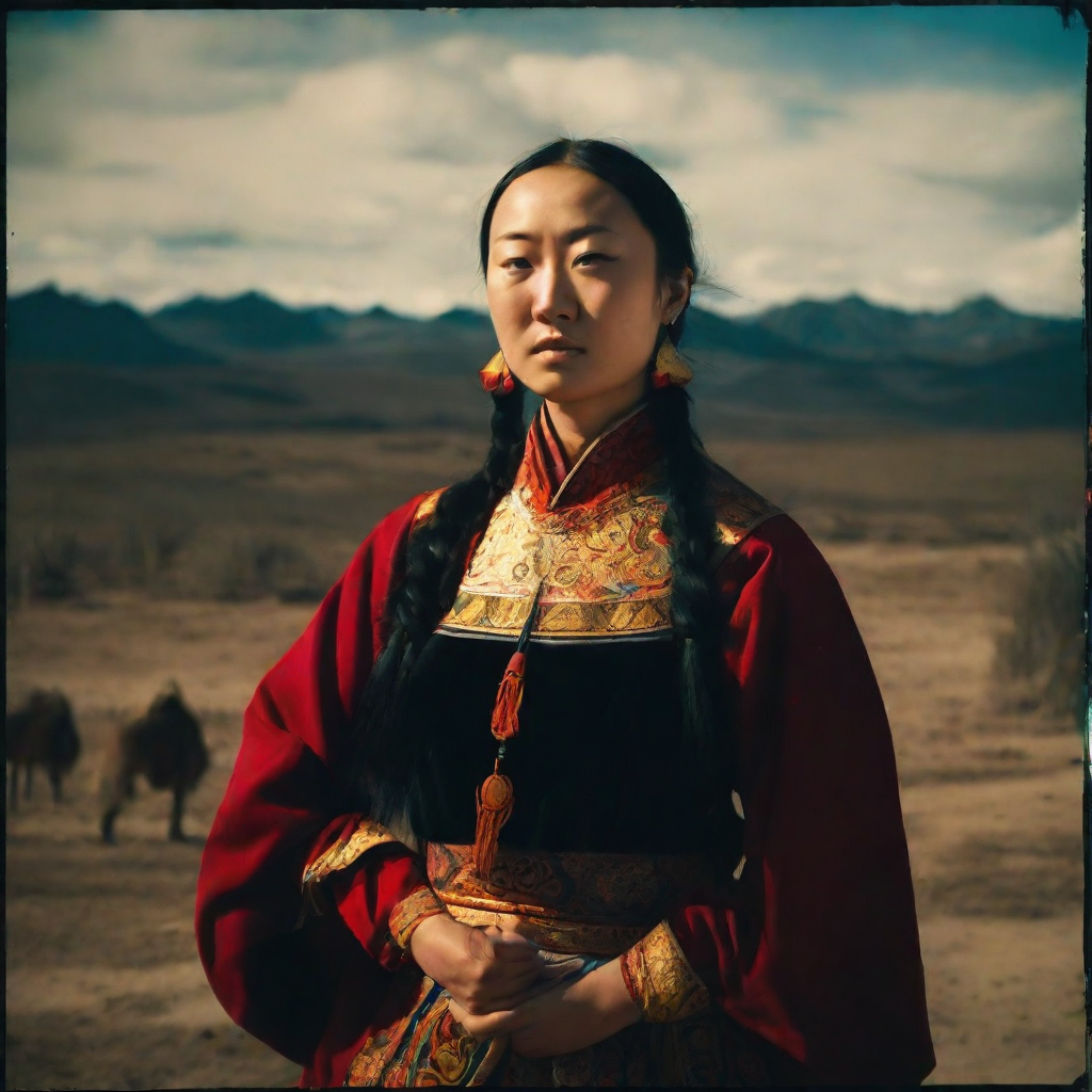 front shot, photo of Asian Mongolian ceremonial woman  looks at viewer, cinematic shot