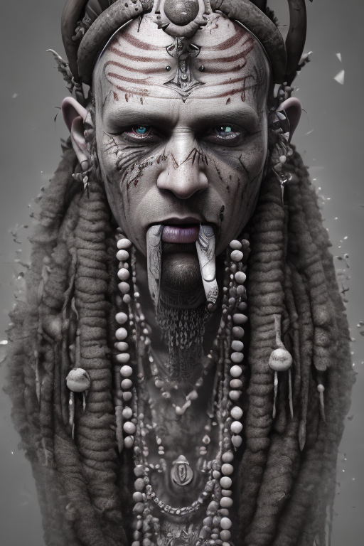 Openjourney prompt grim looking shaman with piercings in PromptHero