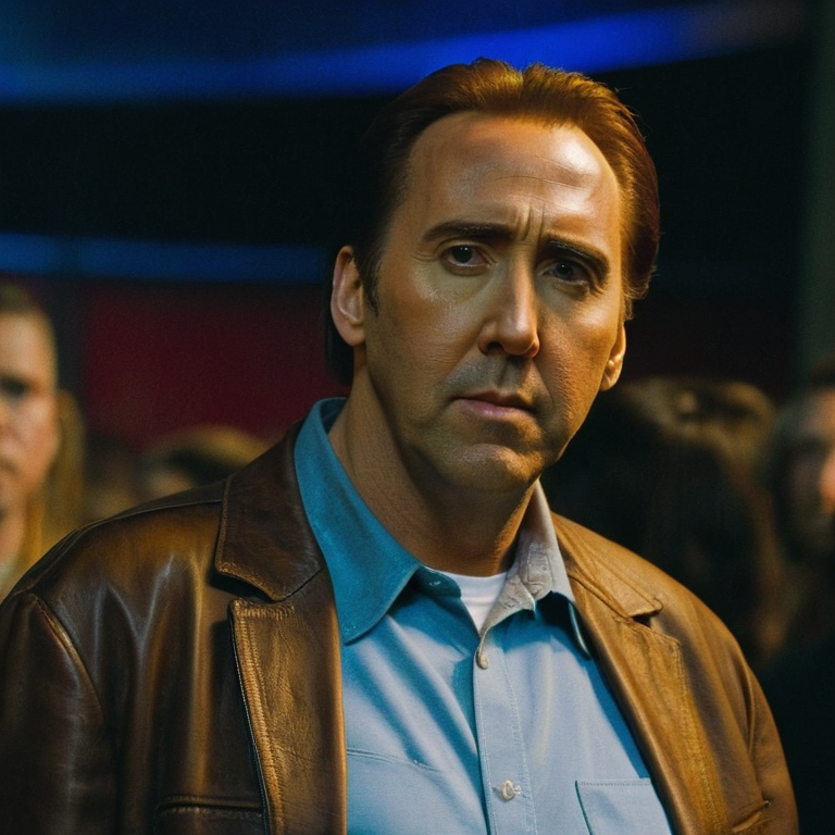 front shot, actor photo of a Nicholas cage  looks at viewer, cinematic shot