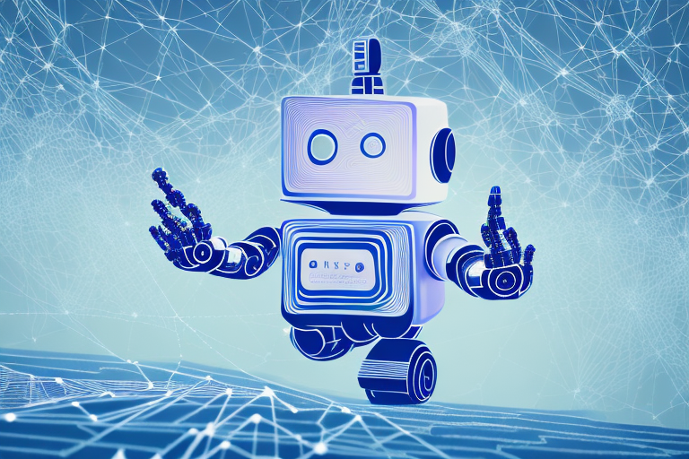 a robotic figure surrounded by a network of interconnected nodes, hand-drawn abstract illustration for a company blog, in style of corporate memphis, faded colors, white background, professional, minimalist, clean lines