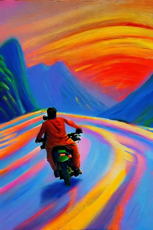 AI generated art representing "The vibrant, luminous sun illuminates the ha giang mountains, casting a heavenly glow on a man on a motorbike winding along the roads. Sharp, distinct contours and a vibrant colour palette of oranges, reds, and yellows create a vivid atmosphere, with a hint of energy and excitement."