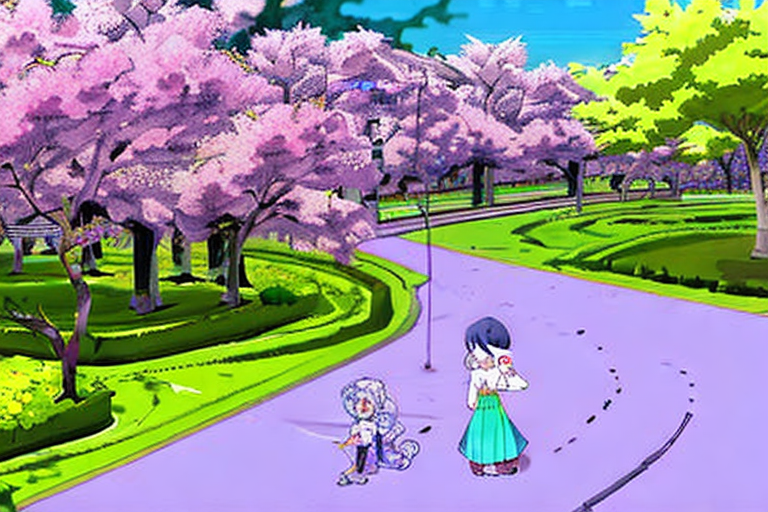 An AI generated image representing "A tranquil, anime-style landscape of a cherry blossom park, filled with blooming trees and anime characters enjoying a peaceful afternoon."