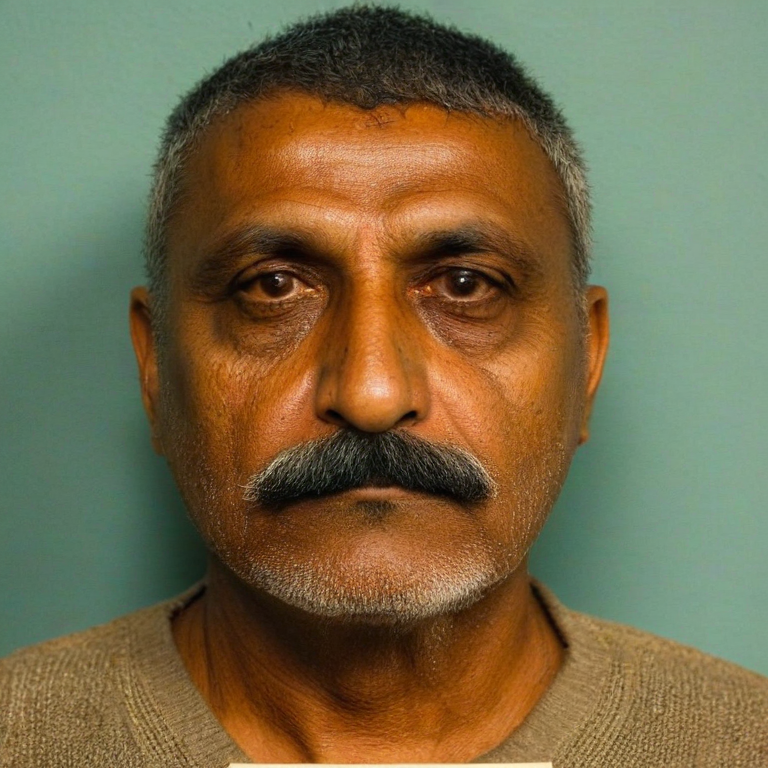 front shot, mugshot photo of a Indian 55 yo moustache  looks at viewer, cinematic shot
