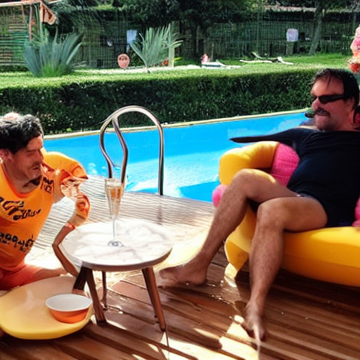 gato bebiendo café en una tumbona en la piscina