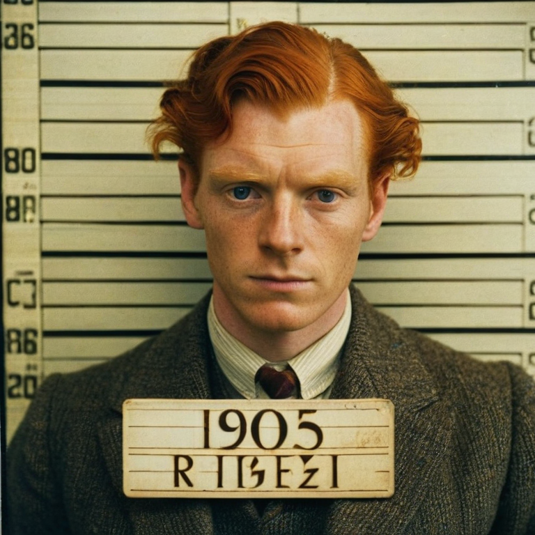 front shot, mugshot photo of a british gentleman, 30s, ginger  looks at viewer, cinematic shot