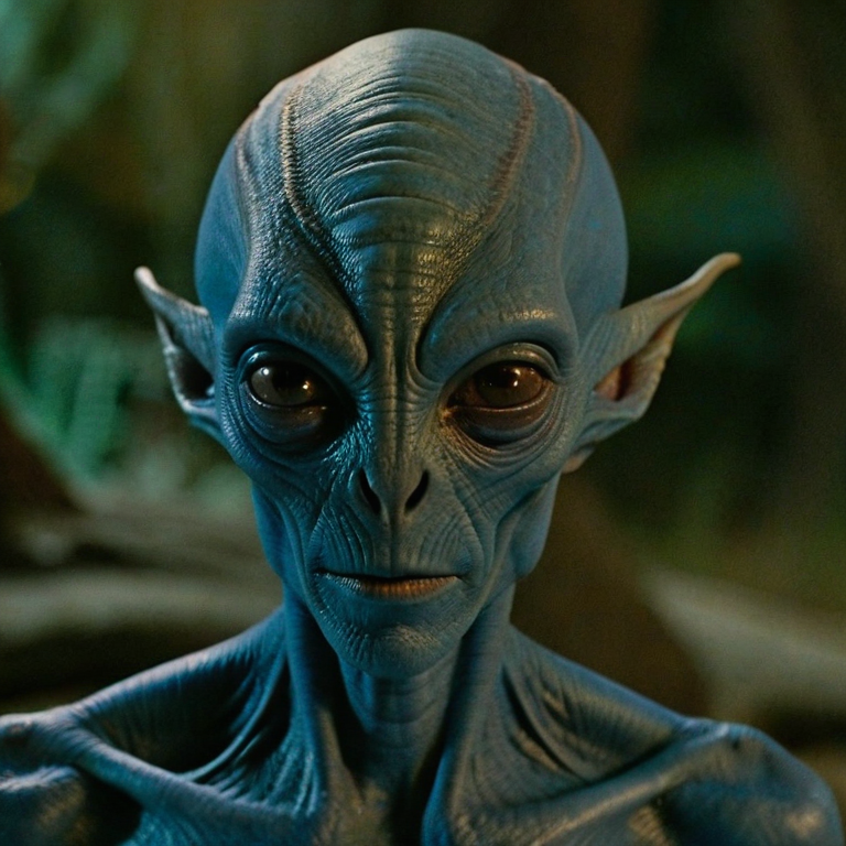 front shot, actor photo of a Blue skin alien  looks at viewer, cinematic shot