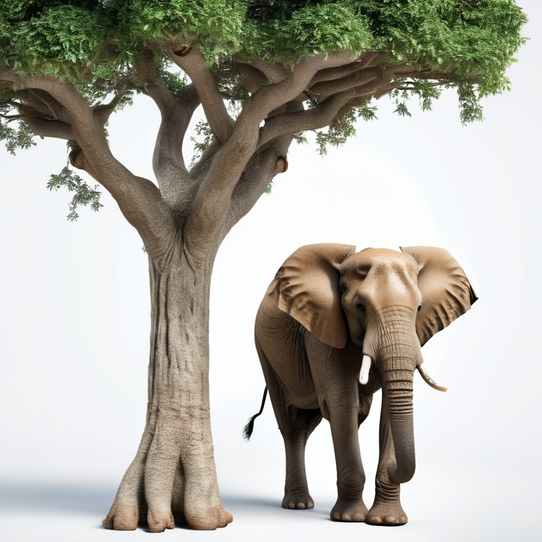 white background, front shot studio 3D render of elephant tree, cinematic shot
