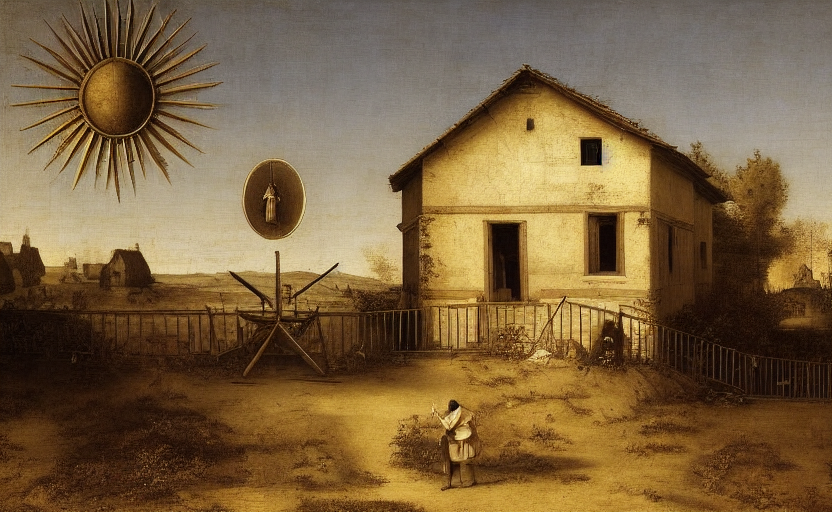 A happy person standing in front of a house on a sunny day by da Vinci