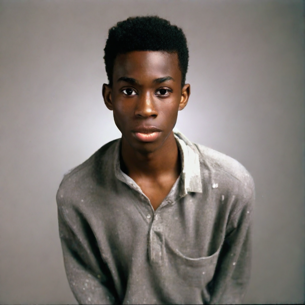 front shot, photo of black male, skinny with pimples on his face, approximately 5’8”, high school age 16  looks at v