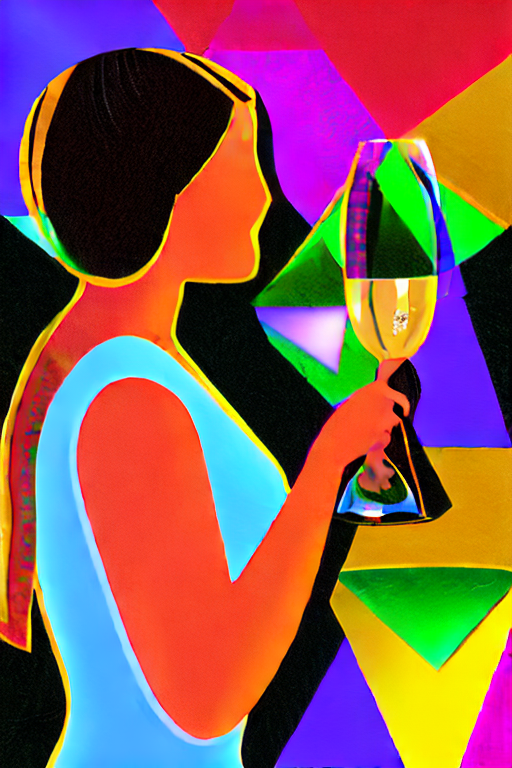 AI generated art representing "A woman stands gracefully toasting a champagne glass against a vivid and geometric backdrop. The image is striking and captivating, with subtle shadows and light, creating a sense of serenity and calm. The composition is carefully crafted and the figures are elegant, with delicate lines and vibrant colours."