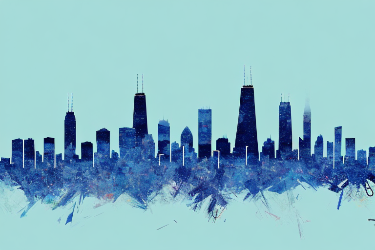 A City Skyline With The Chicago Skyline In The Background And A Social Media Icon In The Foreground, Hand-Drawn Abstract Illustration For A Company Blog, In Style Of Corporate Memphis, Faded Colors, White Background, Professional, Minimalist, Clean Lines