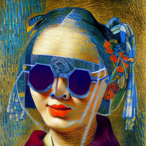young Asian lady with cool glasses  by Rembrandt by Vincent Van Gogh by Rene Magritte surrealist by Picasso by Gustav Kl