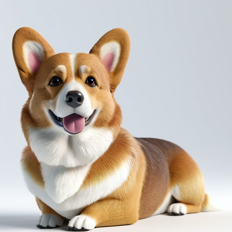 white background, front shot studio 3D render of corgi, cinematic shot