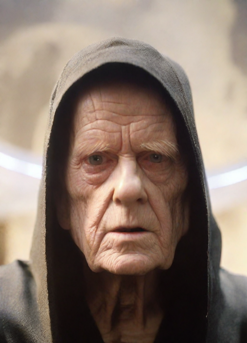 front shot, photo of Palpatine looks at viewer, cinematic shot