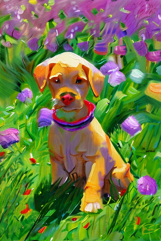 AI generated art representing "puppy, with wide eyes, playing in the flowers on a beautiful summers day. "