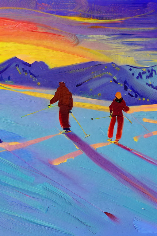 AI generated art representing "silhouettes of skiers, skiing at whistler, viewed from afar, at golden hour, beautifully lit sky. "